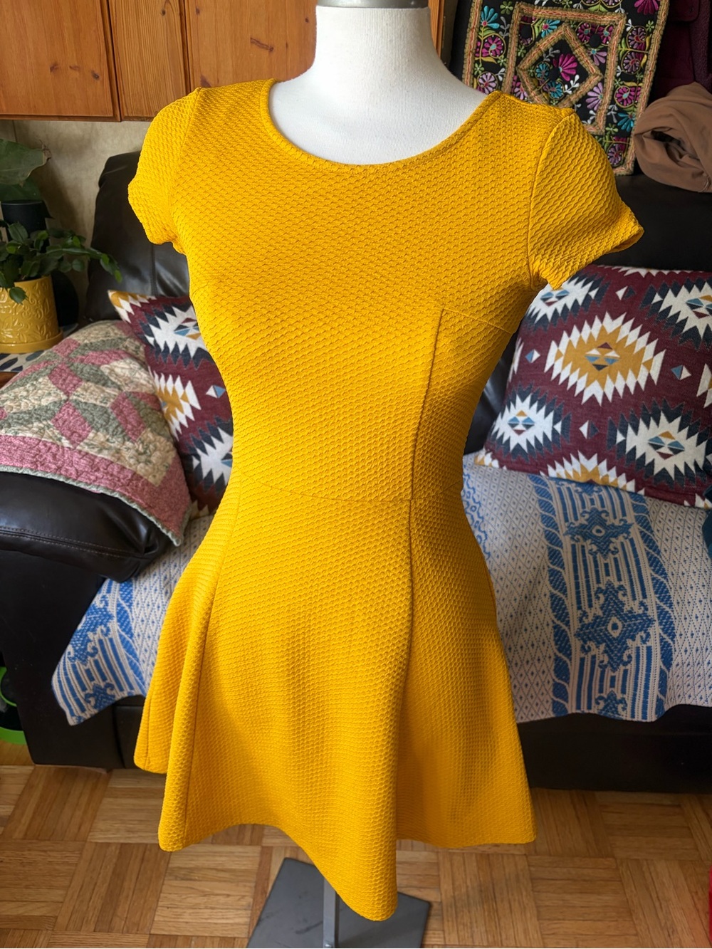 H&M - Yellow Textured Mini Skater Dress Size 4